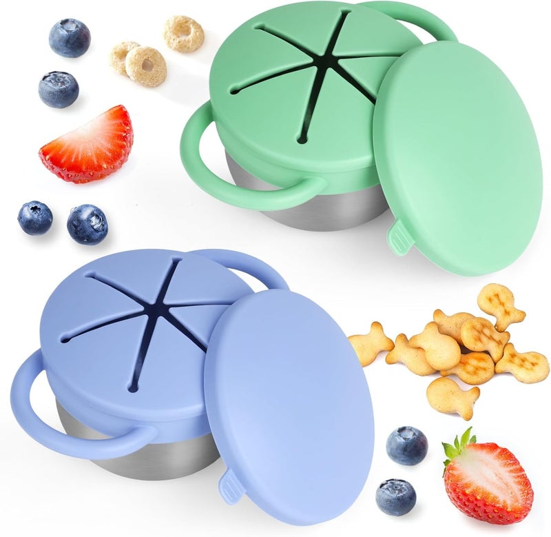 Daximo 2 Pack Snack Cups for Toddlers Spill Proof - Detachable Stainless Steel Toddler Snack Cups with Silicone Lids & Handles - Dishwasher Safe Baby Snack Containers for Mess-Free Snacking (Blue and Green) - Image 1